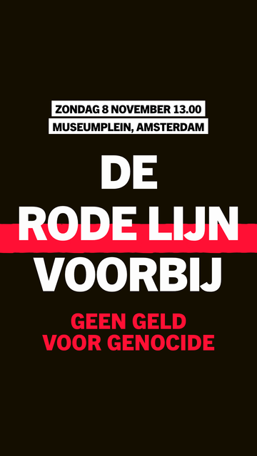 Poster rode letters op zwarte achtergrond:
zondag 8 november
Museumplein
De Rode Lijn Voorbij