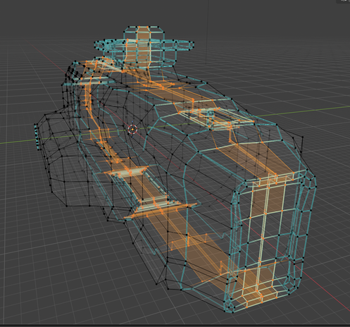 Wireframe from Blender of a spacehsip in wireframe with some parts in teal and others in orange