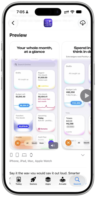 Screenshot showing the iOS AppStore on the Pockity app page, highlighting the new app previews released on this date.