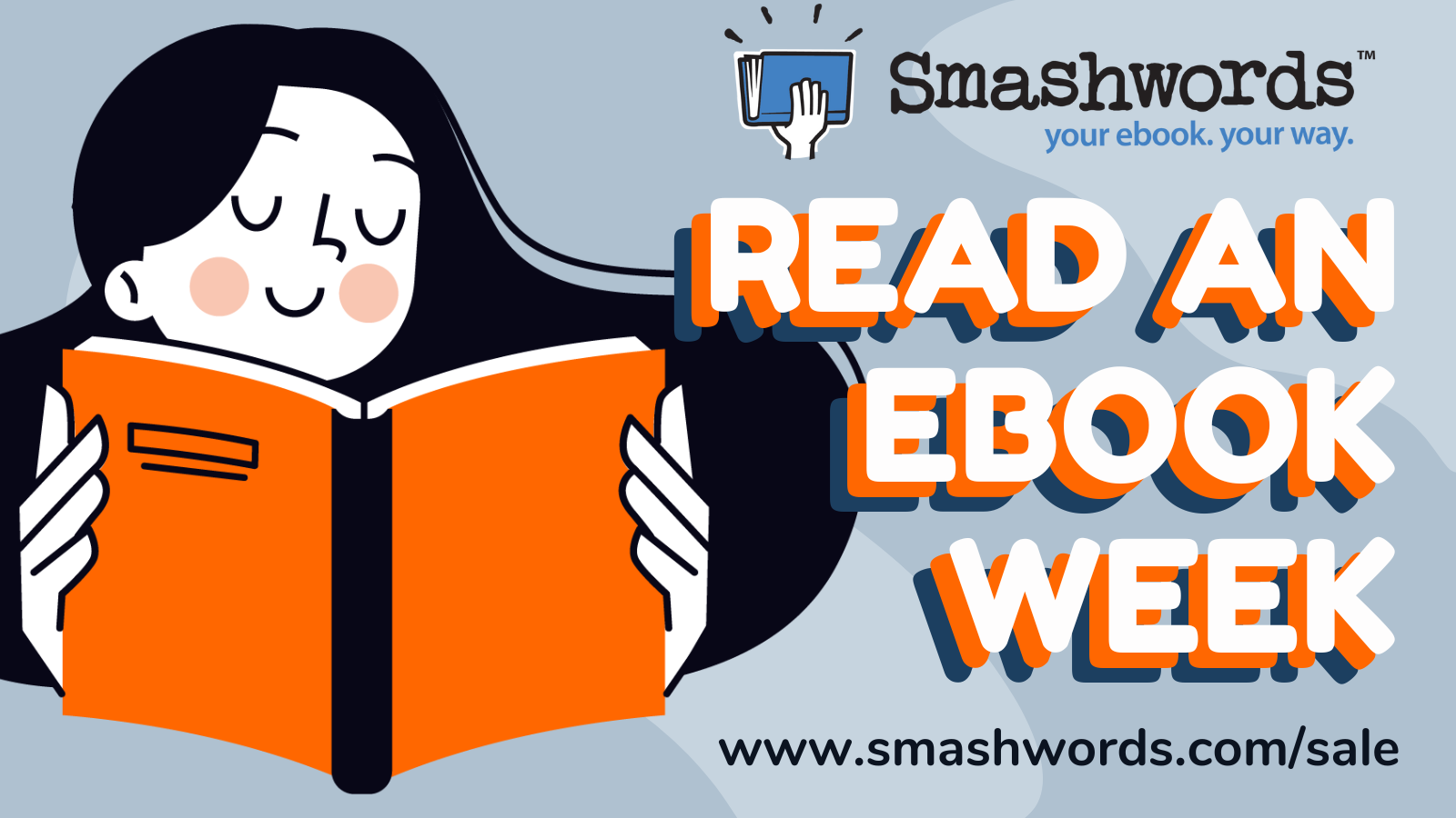 A smashwords picture of a girl with black hair reading and the words: "Read an Ebook Week"