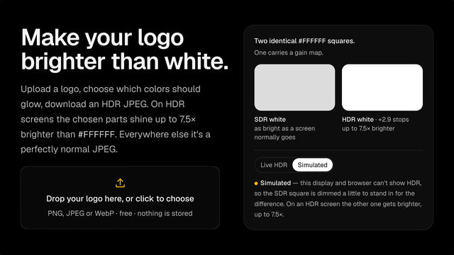 Title “Make your logo brighter than white”, an upload area saying “Drop your logo here, or click to choose”, and two squares labelled “SDR white” and “HDR white +2.9 stops”.
