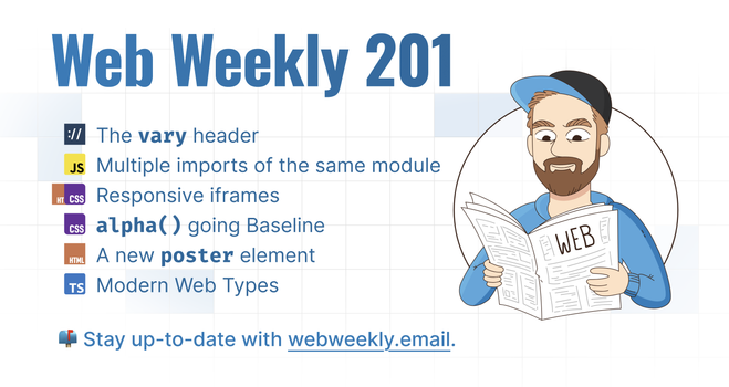 Web Weekly 201

- The vary header
- Multiple imports of the same module
- Responsive iframes
- alpha() going Baseline
- A new poster element
- Modern Web Types