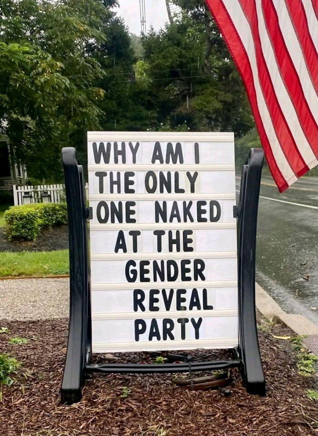 Changeable letter board saying "why am I the only one naked at the gender reveal party"