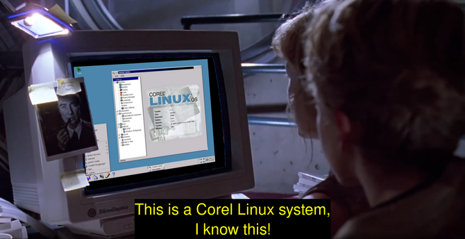 shot from Jurassic Park where Lex is sitting in front of the computer but it's not a unix system, it's a Corel Linux system