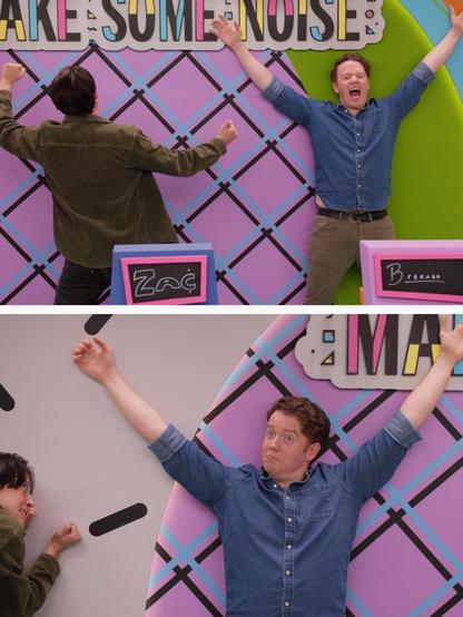 Two images: in the first, Zac Oyama mimes twisting a medieval torture device, making Brennan Lee Mulligan scream. In the second, Zac twists the dial on a smaller less painful torture device, and Brennan makes a face of mild relief and surprise.
