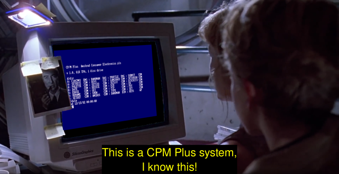 shot from Jurassic Park where Lex is sitting in front of the computer but it's not a unix system, it's a CPM Plus system