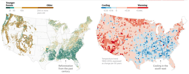 Mapas de EEUU, el de la izquierda muestra en verde la masa de árboles reforestada, a la derecha se ve el efecto en el cambio de temperatura