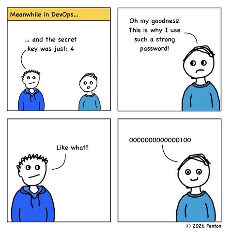 Four panel cartoon. Arlo is finishing up an explanation of the PHP security issue. 

"... and the secret key was just: 4" Arlo concludes.

"Oh my goodness," Murray exclaims. "That's why I use such a strong password!"

"Like what?" Arlo asks.

"0000000000000100"