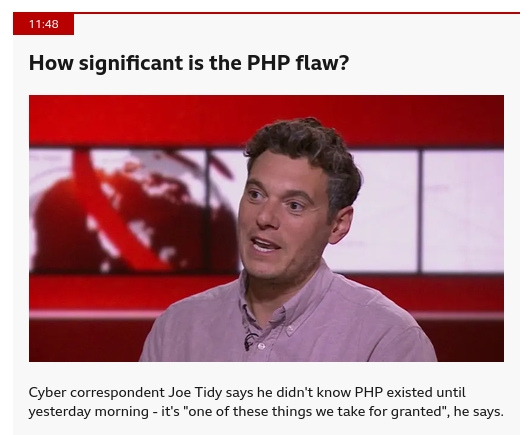 Screenshot of Joe Tidy, the BBC's cyber correspondent.
The text below the screenshot reads: "Cyber correspondent Joe Tidy says he didn't know PHP existed until yesterday morning - it's "one of these things we take for granted", he says."