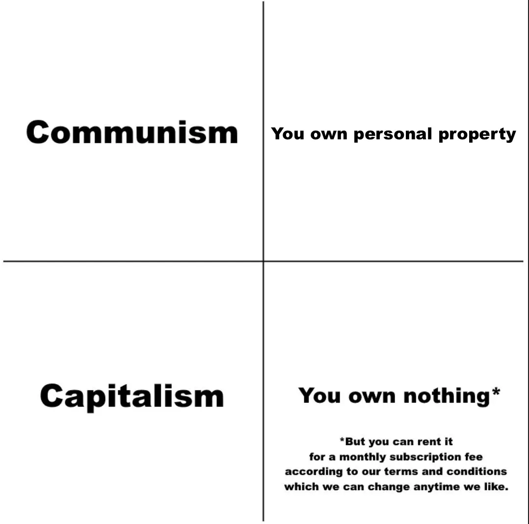 Communism: you own personal property

Capitalism: you own nothing*

*but you can rent it for a monthly subscription fee according to our terms and conditions which we can change any time we like