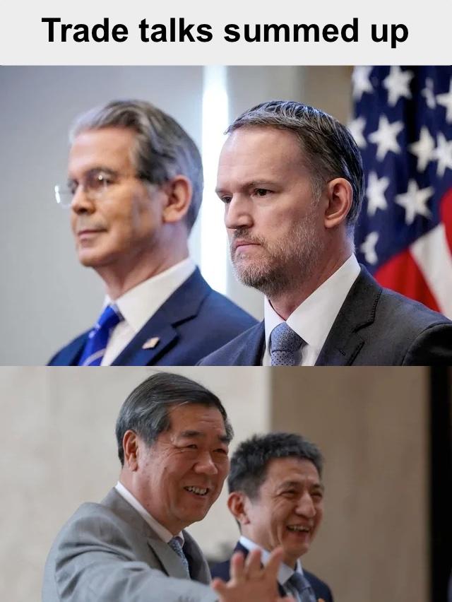 trade talks summed up: US team pouting, Chinese team laughing