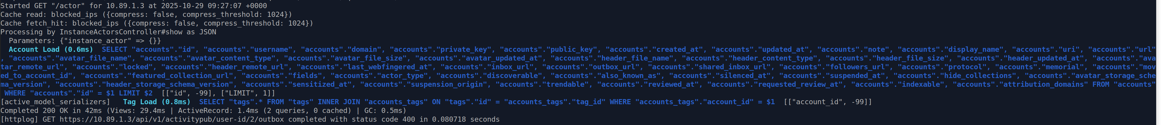Excerpt of a mastodon log, it shows a successful connection attempt against a forgejo instance running on the https port.