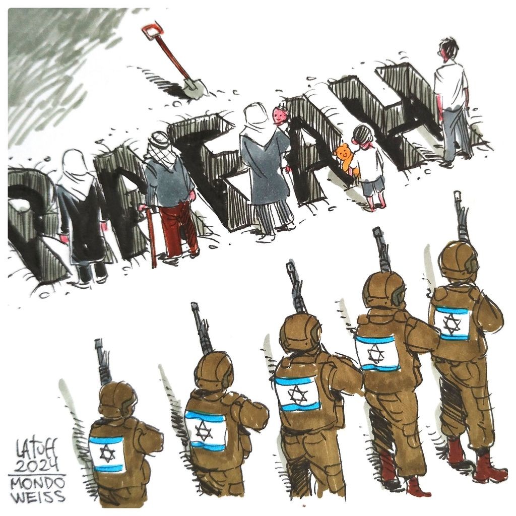 In this editorial cartoon by Carlos Latuff, Palestinians stand in front of graves that spell the word "Rafah" as Israeli soldiers prepare to shoot them from behind.
