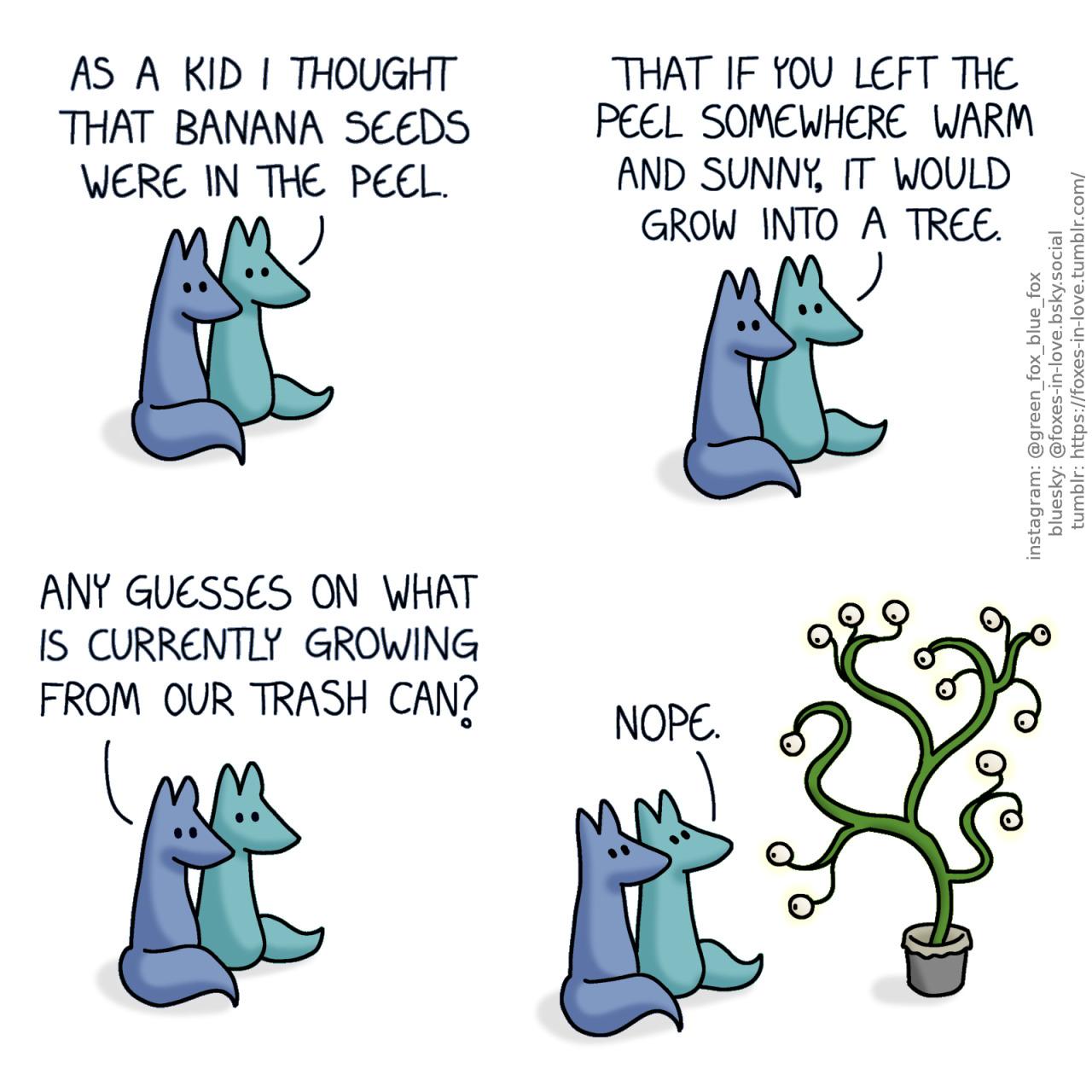 A comic of two foxes, one of whom is blue, the other is green. In this one, Blue and Green are sitting side-by-side, watching something ahead of them with keen interest. Green: As a kid I thought that banana seeds were in the peel. That if you left the peel somewhere warm and sunny, it would grow into a tree. Blue: Any guesses on what is currently growing from our trash can?  The view pans out, revealing what the foxes have been looking at: A curious plant almost twice as tall as the foxes, growing out of a trash can. Its branches curl like vines, and instead of leaves, it appears to have eyeballs, most of which are studying the foxes with an equal curiosity. Green: Nope.