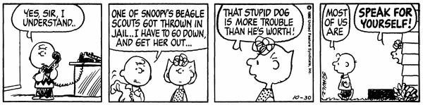 A Peanuts comic strip, drawn by Charles M. Schulz, originally released Thursday, October 30, 1980