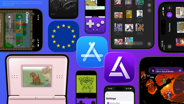 Promo Image for Delta launching in the EU App Store showing the EU Flag, App Store icon, and Delta App icon surrounded by screenshots of Delta 2.0 