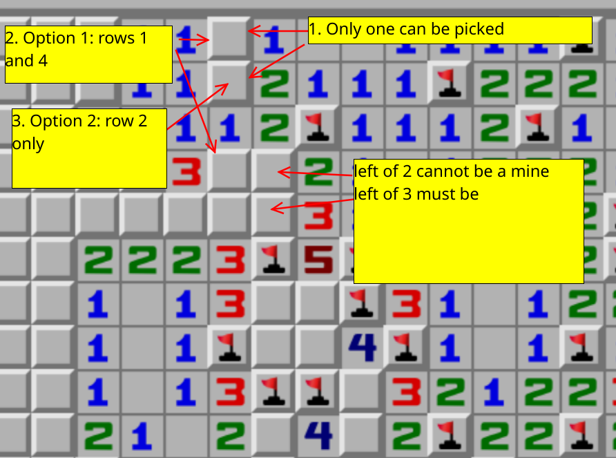 overlaid instructions for how to make some progress on the minesweeper game