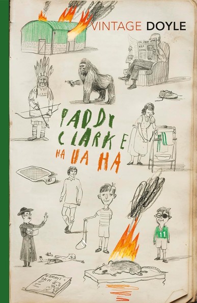 Cover of Paddy Clarke Ha Ha Ha, featuring various, childish like, drawings depicting things from the book. There's a gorilla with a gun, a Native American holding a bow and  arrow, and so on.