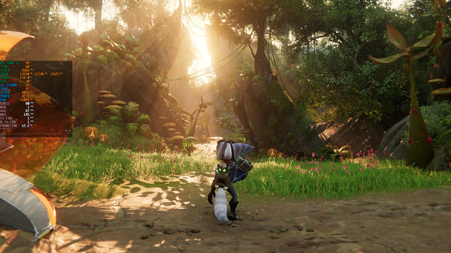 A screenshot at the starting point of Sargasso in Ratchet and Clank: Rift Apart, showing clean 80 fps with XeSS 1.3 on Quality mode, using the optimisation settings from the first screenshot.