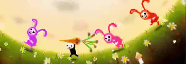 I don't know, there's like a little guy running on an endless concave springtime lawn with a giant talking carrot over his head. And then there are these crazy-colored humanoid rabbits with skull faces hopping along with him.