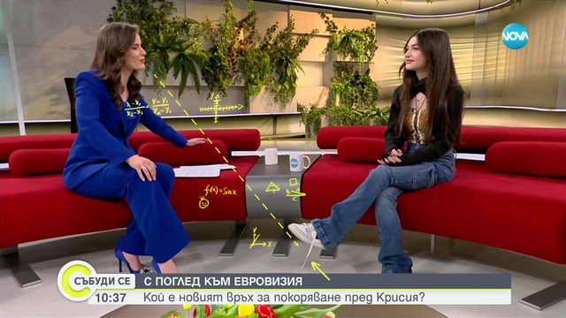 A still from a morning TV show, in which the host is seemingly looking at the untied shoestring of her guest, a modern dressed young girl, former contestant in Eurovision. There's diagrams and math symbols and a dashed line arrow along the line of sight of the host.