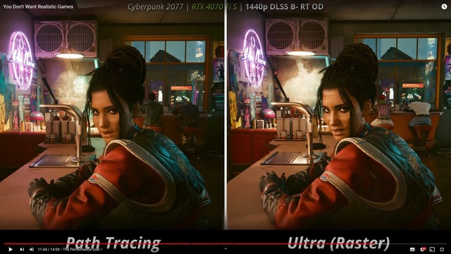 Side by side comparison of the same scene in Cyberpunk 2077 on the 4070 Ti Super, 1440p, DLSS Balanced, Ray Tracing on Overdrive. Left: Path traced. Right: Ultra (Raster). The screenshots have their differences, the path traced one being just a little bit more realistic, but not in any way unplayable, ugly, jarring, uncanny, unfaithful, or violating your suspension of disbelief in the scene and its atmosphere your are looking at.