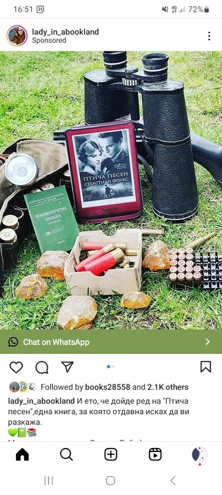 A bookstagrammer's post illustrating a book titled A Bird's Song with a photo of neatly arranged ereader, binoculars, and lots of ammo.