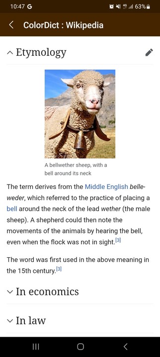 A bellwether sheep, with a bell around its neck

The term derives from the Middle English belle-weder, which referred to the practice of placing a bell around the neck of the lead wether (the male sheep). A shepherd could then note the movements of the animals by hearing the bell, even when the flock was not in sight.[3]

The word was first used in the above meaning in the 15th century.[3]

