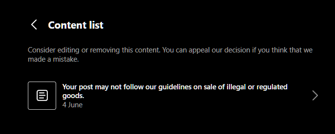 Content list

Consider editing or removing this content. You can appeal our decision if you think that we made a mistake.

Your post may not follow our guidelines on sale of illegal or regulated goods.