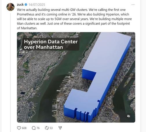 zuck
14/07/2025
We're actually building several multi-GW clusters. We're calling the first one Prometheus and it's coming online in '26. We're also building Hyperion, which will be able to scale up to 5GW over several years. We're building multiple more titan clusters as well. Just one of these covers a significant part of the footprint of Manhattan.

https://www.threads.com/@zuck/post/DMF6uUgx9f9