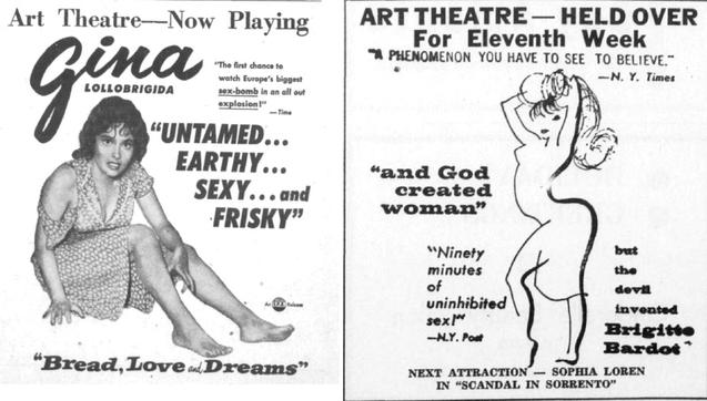 U.S. art-house advertisements from the 1950s. Many Americans at the time turned towards racier and more provocative foreign films, which remained largely free from code restrictions.