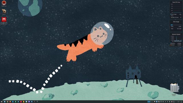 A happy cartoon kitty wearing a bubble space helmet, jumping across the Moon surface.