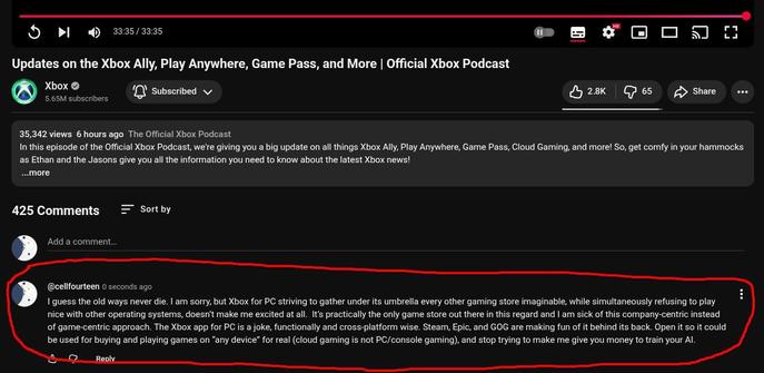 https://www.youtube.com/watch?v=biXDUvQByBw

@cellfourteen
0 seconds ago
I guess the old ways never die. I am sorry, but Xbox for PC striving to gather under its umbrella every other gaming store imaginable, while simultaneously refusing to play nice with other operating systems, doesn’t make me excited at all.  It’s practically the only game store out there in this regard and I am sick of this company-centric instead of game-centric approach. The Xbox app for PC is a joke, functionally and cro…