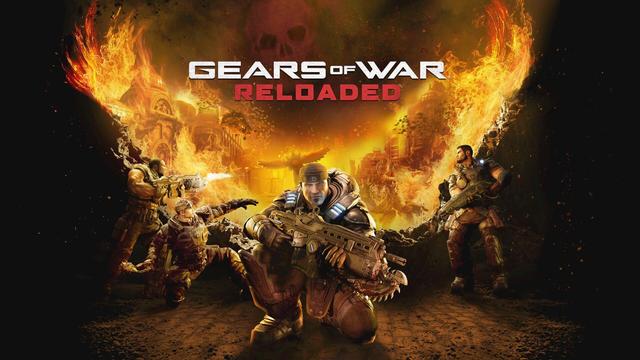 Gears of War Reloaded title screen. The team is in the middle of a shootout and everything is on fire and very cool looking.