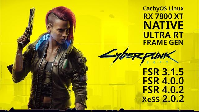 Thumbnail of the video: the Cyberpunk 2077 hacker girl with a cool side mohawk, striking a bad-ass pose next to a block of text dramatically torn asunder by the stylised title of the game. The text consists of all the buzz words that torment the days and nights of every hardcore AMD graphics card owner - things like FSR 3.1.5, FSR 4.0.0, FSR 4.0.2, Native, Ultra RT, Frame Gen and so on.