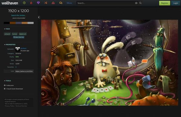 A wallpaper's download page at wallhaven.cc. A buck-toothed rabbit, wearing a bow tie and a pair of Victorian round glasses, triumphantly puts its cards down, showing five aces (two of them being the ace of diamonds). Around the poker table, there's an assortment of disreputable rabble, including a space pirate with a knife in his hand, a sentient snail, a shocked droid waiter with an "Ooops!" message on the display on hist chest, as well as a number of unidentifiable alien species representati…