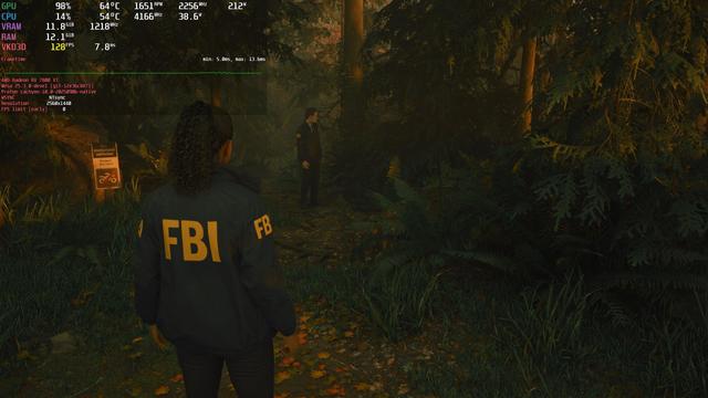 An in-game screenshot in Alan Wake 2. At the same certain point of the test FPS is 128.