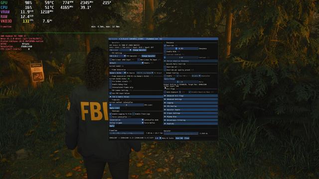 An in-game screenshot in Alan Wake 2, but this one is showing the controls of Optiscaler 0.9.0-pre comfirming it's using FSR 4.0.2. At the same certain point of the test FPS is 131.