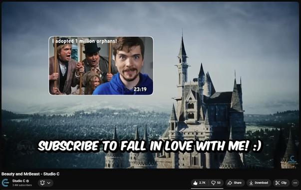 A Studio C Mr. Beast parody on YouTube named "Beauty and MrBeast". The end screen card reads "I adopted 1 million orphans!"