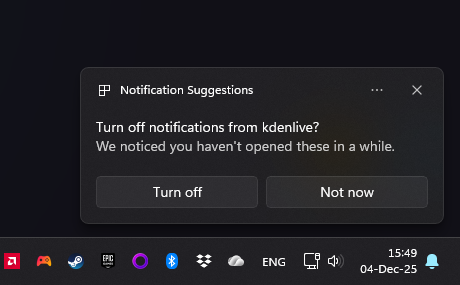 Notification Suggestions

Turn off notifications from kdenlive? We noticed you haven't opened these in a while.

[Turn off] [Not now]