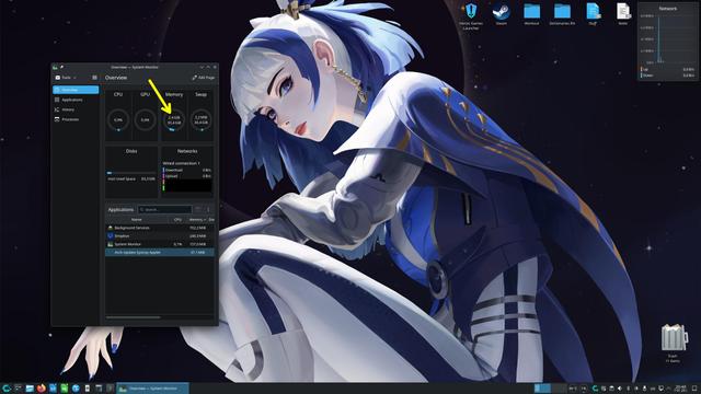 System Monitor showing that CachyOS uses 2.4GB out of 30.4GB system memory in Plasma.