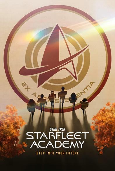 Star Trek: Starfleet Academy's promotional poster. Seen from above, six cadets, are moving in an asymmetric V formation across an open floor painted with the Starfleet logo, their shadows growing tall behind them.