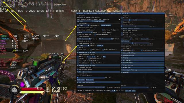 Shadow Warrior 3 running with FrameGen and FSR 4 upscaling. Mangohud, FSR 4 Indicator and Optiscaler's config panel are opened, almost completely obscuring the screen.