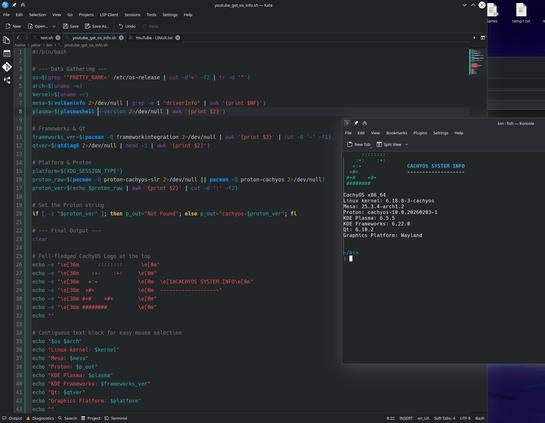 A bash script to output some system info, like:

CachyOS x86_64
Linux kernel: 6.18.8-3-cachyos
Mesa: 25.3.4-arch1.2
Proton: cachyos-10.0.20260203-1
KDE Plasma: 6.5.5
KDE Frameworks: 6.22.0
Qt: 6.10.2
Graphics Platform: Wayland
