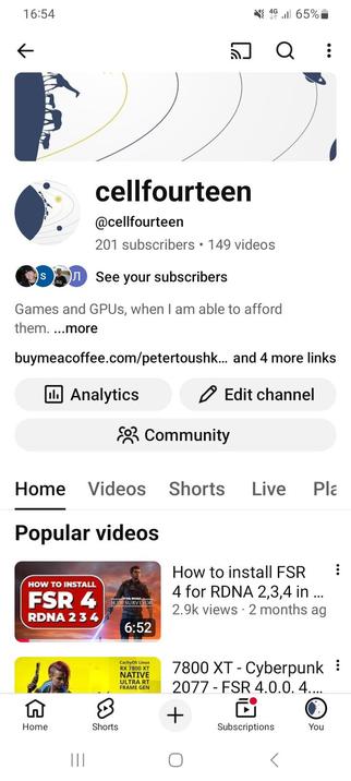 A screenshot of my YouTube channel showing off 201 current subscribers 