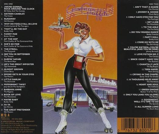 The backcover of the album, listing the 41 songs and also featuring a drawing of a smiling waitress with roller-skates carrying a tray with a glass of coke, a hamburger, and a plate of fries