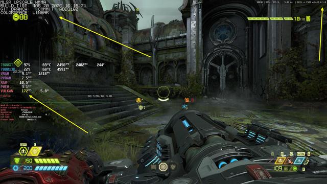 Non-Ray-traced Doom Eternal on Linux with Vulkan FSR 4 enabled through Optiscaler. 1440p, Max Settings, 172 FPS.