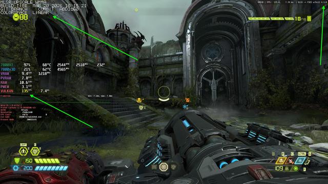 Ray-traced Doom Eternal on Linux with Vulkan FSR 4 enabled through Optiscaler. 1440p, Max Settings, 135 FPS.