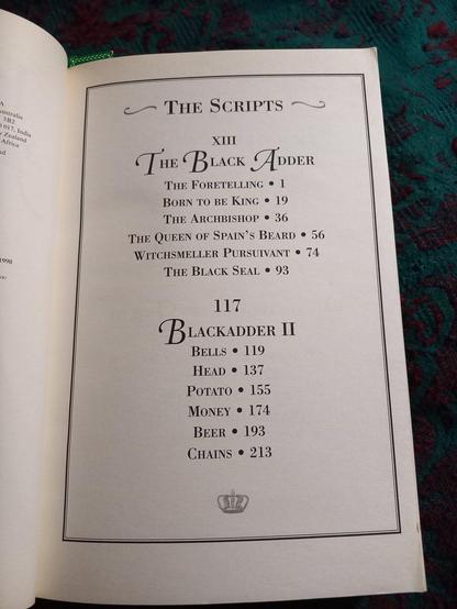 The first page of the table of contents of Blackadder, The Whole Damn Dynasty (1485 - 1917), Penguin Books, 1999