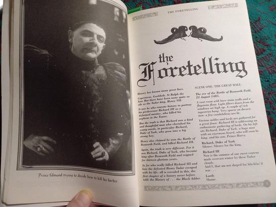 The beginning of the fscript of the first episode of the first series, The Foretelling, Blackadder, The Whole Damn Dynasty (1485 - 1917), Penguin Books, 1999, featuring Rowan Atkinson dressed as Blackadder to the left.